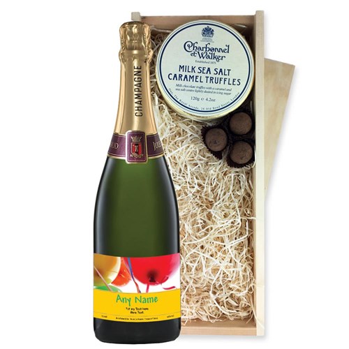 Personalised Champagne - Birthday Balloons Label And Milk Sea Salt Charbonnel Chocolates Box